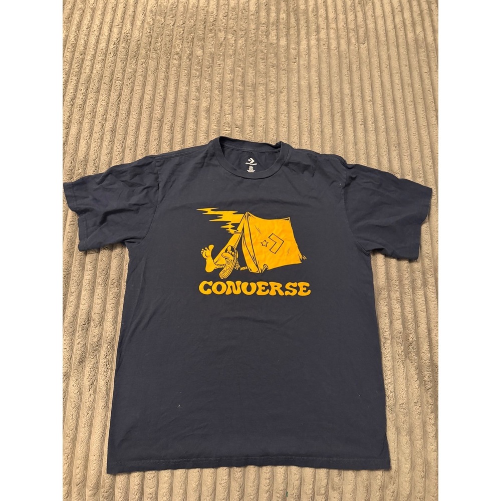 Converse Mens Graphic T-Shirt Navy Blue Yellow Camping Tent Sneaker Small